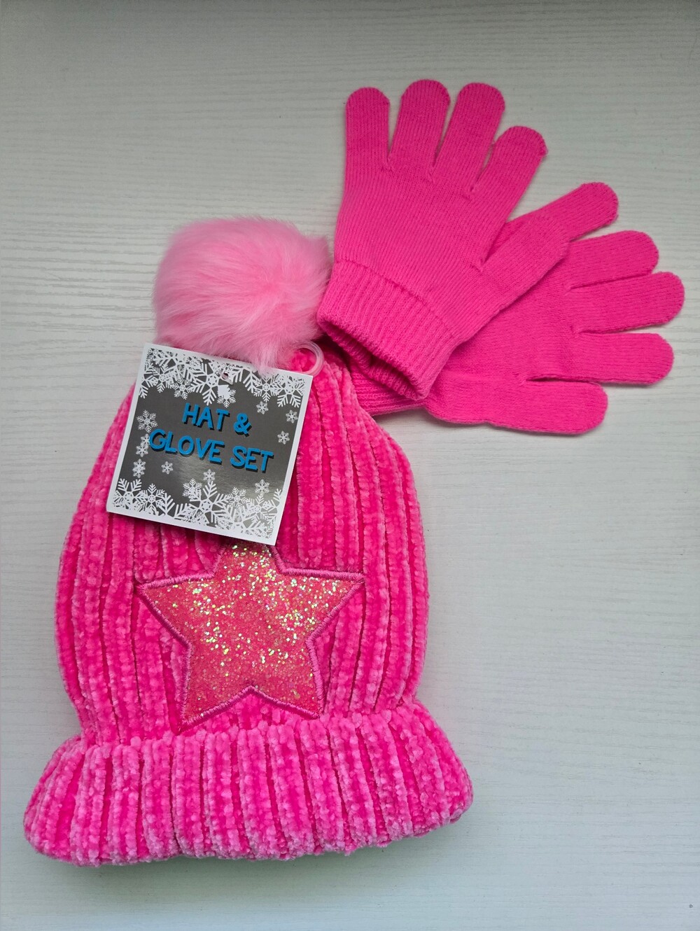 Girls Pink Star Pom Beanie and Glove Set